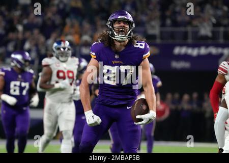 Minnesota Vikings tight end T.J. Hockenson (87) walks off the field after  an NFL football game against the Chicago Bears, Sunday, Jan. 8, 2023, in  Chicago. (AP Photo/Kamil Krzaczynski Stock Photo - Alamy