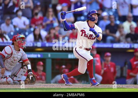 Philadelphia Phillies' Jean Segura celebrates after a home run during a  baseball game, Wednesday, Sept. 7, 2022, in Philadelphia. (AP Photo/Matt  Slocum Stock Photo - Alamy