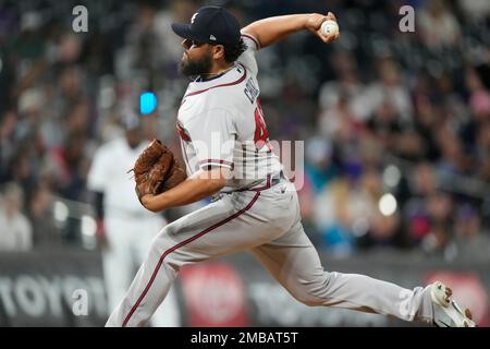 Atlanta Braves relief pitcher Jesus Cruz warms up before a baseball game  against the Colorado Rockies Thursday, June 2, 2022, in Denver. (AP  Photo/David Zalubowski Stock Photo - Alamy