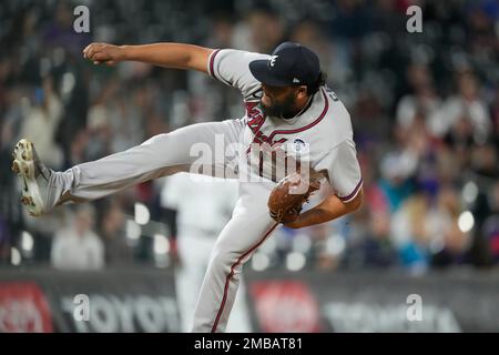 Atlanta Braves relief pitcher Jesus Cruz (49) in the seventh inning of a  baseball game Thursday, June 2, 2022, in Denver. (AP Photo/David Zalubowski  Stock Photo - Alamy
