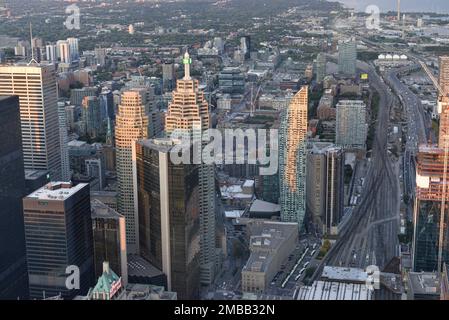 Toronto, On, Canada - October 7, 2019: View at the center of Toronto during sunset time. Photo taken from the top of CN Tower. Stock Photo