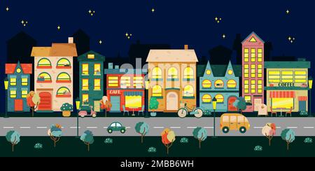 City life illustration with house facades, road and other urban details.  Night panoramic view. Flat style Stock Vector