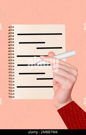 Artwork magazine collage picture of arm writing pen pencil felt tip pan isolated drawing background Stock Photo