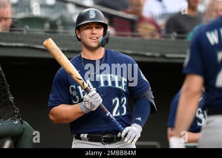 Seattle Mariners' Ty France looks down after striking out to end