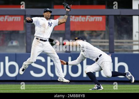 New York Yankees left fielder Brett Gardner (11) celebrates a win after an  MLB regular season game against the Cleveland Indians, Thursday, April  22nd, 2021, in Cleveland. (Brandon Sloter/Image of Sport/Sipa USA