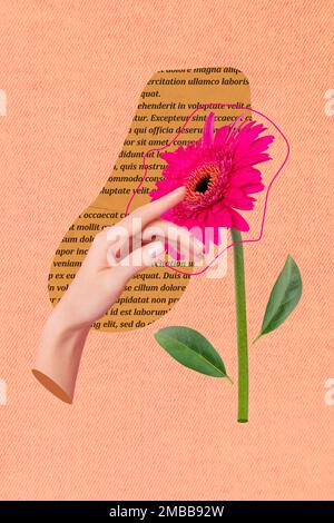 Photo sketch graphics collage artwork picture of hand touching pink flower blossom isolated drawing background Stock Photo