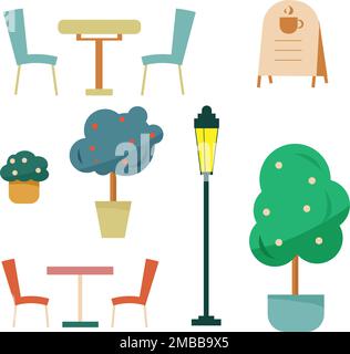 Set of street objects. Table, chairs, lantern, trees Stock Vector