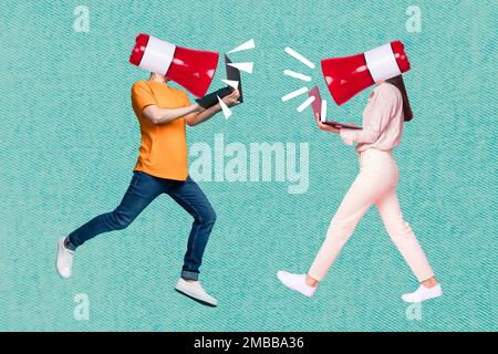 Creative photo of young coworkers remote project managers announcement orators head megaphone hold netbook isolated on blue color background Stock Photo