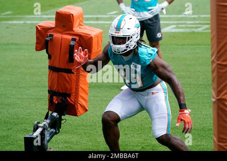 Miami Dolphins linebacker Darius Hodge (41) fakes a blitz before dropping  back in coverage during an NFL football game against the Tampa Bay  Buccaneers, Saturday, Aug. 13, 2022 in Tampa, Fla. The