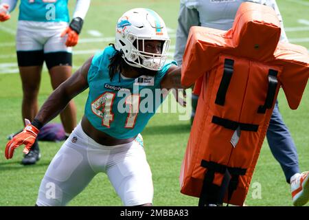 Miami Dolphins linebacker Darius Hodge (41) fakes a blitz before dropping  back in coverage during an NFL football game against the Tampa Bay  Buccaneers, Saturday, Aug. 13, 2022 in Tampa, Fla. The