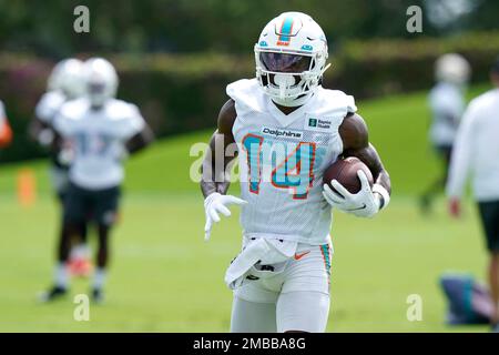 Miami Dolphins wide receiver Trent Sherfield (14) runs a play during an NFL  football game against the Philadelphia Eagles, Saturday, Aug. 27, 2022, in  Miami Gardens, Fla. (AP Photo/Doug Murray Stock Photo - Alamy