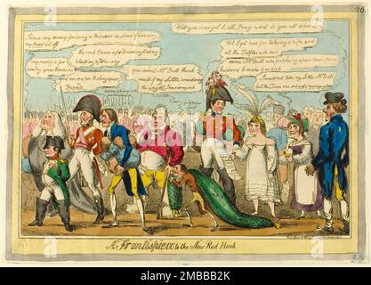 A Frontispiece to the New Red Book, published June 13, 1816. John Bull: 'Well you have got it all, Pray what do you all do for it'; Napoleon: 'I have my money for being a Prisoner instead of haveing my Head cut off'; The Prince Regent: 'The cash I have is for Drinking, Eating, Sleeping &amp; W[hor]eing'; The Duke of Wellington: 'my money is for beating your Enemies'; Foreign Secretary Robert Stewart: 'and mine for Robing your Friends'; Keeper of the Privy Purse John McMahon: 'you cannot Mr Bull think much of my Little considering the weight I have on my back'; Leopold I of Belgium: 'Vot I got Stock Photo