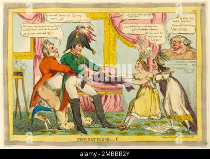 The Battle R[oya]L, published June 3, 1816. Tug of war over a pair of breeches. [The Prince Regent:] 'Pull away my boy pull away, my Rib wanted to wear mine by they would not Fit her, hold fast Mc!!!'; [Prince Leopold of Belgium:] 'Vat Shall I do she vill Tear my best C-gas'; [Princess Charlotte of Wales:] 'I will have them Granny says I must'; [Charlotte of Mecklenburg-Strelitz:] 'Yes! yes! you shall have them, your Grandpappa allways let me wear his, never give up hold fast'; [King George III:] 'by Goles [?] they beat it, hey! Tear Them and I shall have to buy a new Pair'. Attributed to Will Stock Photo