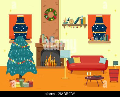 Christmas fireplace room interior in colorful cartoon flat style. Stock Vector