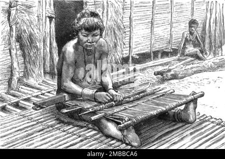 ''An Exploring Expedition in Unknown Tonquin; A Benong Girl Weaving', 1890. From &quot;The Graphic. An Illustrated Weekly Newspaper&quot;, Volume 42. July to December, 1890. Stock Photo