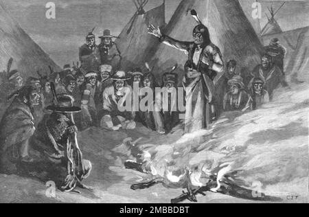 ''The Threatened Rising of American Indians; Sitting Bull Addressing a Meeting of &quot;Braves&quot; ', 1890. From &quot;The Graphic. An Illustrated Weekly Newspaper&quot;, Volume 42. July to December, 1890. Stock Photo