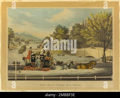 The Mail Coach in a Flood, 1827. A female passenger lifts her skirts out of the water as a dog swims alongside. Stock Photo