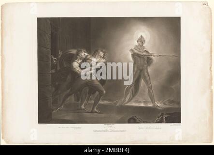 Hamlet, Horatio, Marcellus and the Ghost, 1796. Scene from Shakespeare's Hamlet, Prince of Denmark, Act I, Scene IV, The Platform before the Palace of Elsineur: 'Hamlet: &quot;Still am I call'd - unhand me, gentlemen&quot;; [Breaking from them]. By heaven, I'll make a Ghost of him that lets me: - I say, away - Go on - I'll follow thee&quot;'. Stock Photo