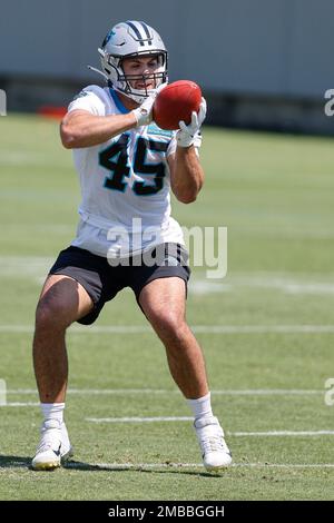 Carolina Panthers tight end Giovanni Ricci (45) turns up field after  catching a pass during an NFL preseason football game against the Detroit  Lions, Friday, Aug. 25, 2023, in Charlotte, N.C. (AP