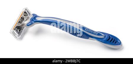 Chisinau, Moldova March 22, 2018: Gillette  disposable razors on a white background.l. Gillette is a brand of men's safety razors, owned by Procter & Stock Photo