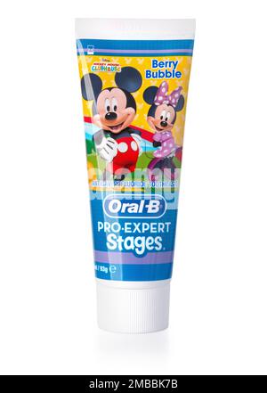CHISINAU, MOLDOVA - April 12, 2018.  Studio shot of Oral B toothpaste with Walt Disney character  isolated on white background.With clipping path Stock Photo