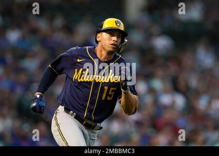 Milwaukee Brewers' Tyrone Taylor rounds first base after hitting a