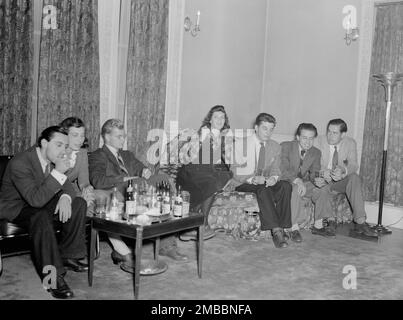 Portrait of Sadi Coylin, Delia Potofsky Gottlieb, Adele Girard, Joe Marsala, and Nesuhi Ertegun, Turkish Embassy, Washington, D.C., 1938. Stock Photo