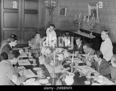 Portrait of Herb Abramson, Sadi Coylin, Benny Morton(?), Nesuhi Ertegun, Adele Girard, Joe Marsala, Zutty Singleton, and Max Kaminsky, Turkish Embassy, Washington, D.C., 1938. Stock Photo