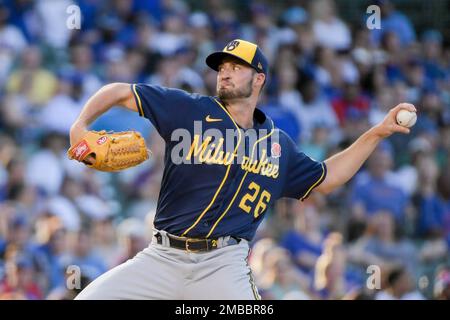 Milwaukee, USA. 03rd Sep, 2021. September 03, 2021: Milwaukee Brewers  center fielder Lorenzo Cain #6 advances to second on Milwaukee Brewers  starting pitcher Aaron Ashby #26 sacrifice bunt during MLB baseball game