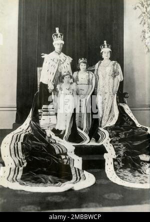 'After the Coronation - 12th May, 1937', 1947. King George VI, Queen Elizabeth, Princess Margaret and Princess Elizabeth. From &quot;Princess Elizabeth: The Illustrated Story of Twenty-one Years in the Life of the Heir Presumptive&quot;, by Dermot Morrah. [Odhams Press Limited, London, 1947] Stock Photo