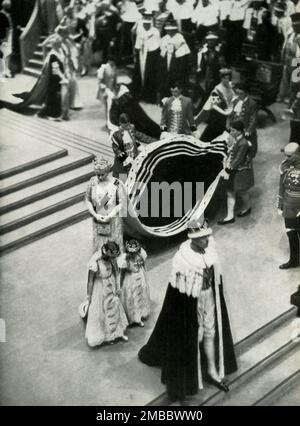 'Leaving The Abbey', 1947. Coronation of King George VI at Westminster Abbey: Princess Elizabeth (future Queen Elizabeth II) and her younger sister Princess Margaret Rose, followed by Queen Mary. From &quot;Princess Elizabeth: The Illustrated Story of Twenty-one Years in the Life of the Heir Presumptive&quot;, by Dermot Morrah. [Odhams Press Limited, London, 1947] Stock Photo