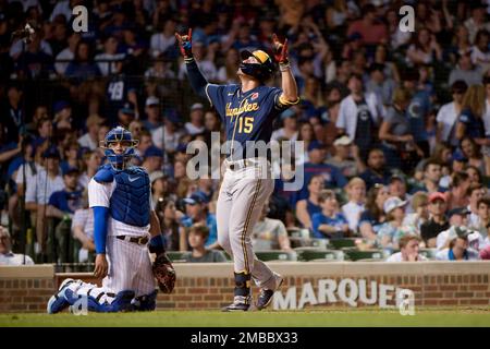 Milwaukee, WI, USA. 16th Apr, 2021. Milwaukee Brewers right fielder Tyrone  Taylor #42 looks toward the Brewers bench after hitting a run scoring  double in the 5th inning of the Major League