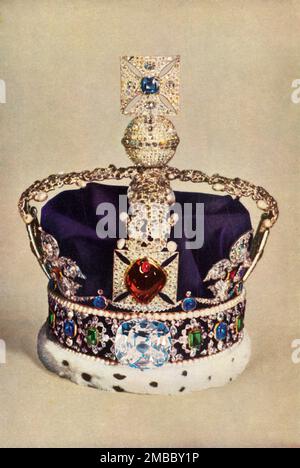 'Imperial State Crown', 1962. Worn on State occasions. In front is the balas ruby, '...given to the Black Prince in the fourteenth century'. The piece was commissioned for the coronation of George VI (1937) and is part of the Royal Collection at the Tower of London. From &quot;The Crown Jewels in the Tower of London&quot;, by Martin Holmes, F.S.A.. [Her Majesty's Stationery, London, 1962] Stock Photo