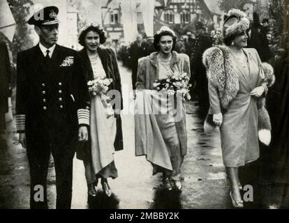 'Royal Bridesmaids', 26 October 1946, (1947). King George VI and Queen Elizabeth with daughters Princess Elizabeth (future Queen Elizabeth II) and Princess Margaret Rose at the wedding of Lady Patricia Mountbatten and Lord Brabourne at Romsey Abbey. From &quot;Princess Elizabeth: The Illustrated Story of Twenty-one Years in the Life of the Heir Presumptive&quot;, by Dermot Morrah. [Odhams Press Limited, London, 1947] Stock Photo