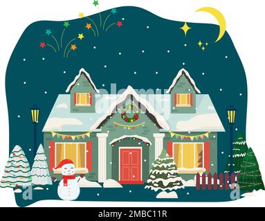 Snowy night in cozy christmas town city panorama. Winter christmas village Stock Vector