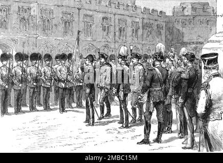 ''The Marriage of HRH Princess Louise of Schleswig-Holstein and HH Prince Aribert of Anhalt; The Inspection of 2nd Battalion Scots Guards in the Quadrangle of Winsor Castle by the German Emperor', 1891.' From &quot;The Graphic. An Illustrated Weekly Newspaper&quot;, Volume 44. July to December, 1891. Stock Photo