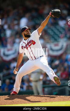 Atlanta Braves relief pitcher Kenley Jansen (74) is congratulated by  catcher Travis d'Arnaud (16) after earning a save during a MLB game against  the L Stock Photo - Alamy
