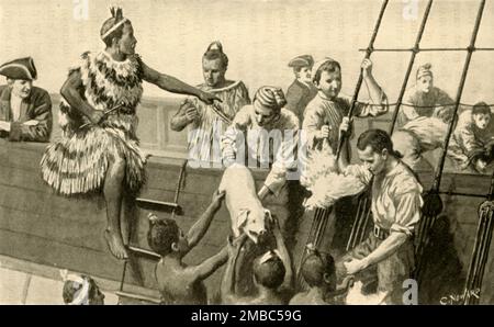 'Captain Cook Presenting Pigs and Fowls to the Maoris', (1902). 1770s: English sailors arrive in what later became New Zealand. From &quot;King Edward's Realm; Story of the Making of the Empire&quot;, by the Rev. C. S. Dawe, B.A. [The Educational Supply Association, Limited, Holborn Viaduct, London, 1902] Stock Photo