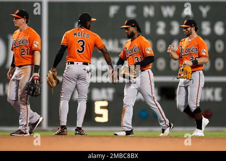 Baltimore Orioles' Jorge Mateo (3) and Ryan McKenna (26) celebrate after  the second baseball game of a doubleheader, Saturday, April 29, 2023, in  Detroit. Baltimore won 6-4. (AP Photo/Paul Sancya Stock Photo - Alamy