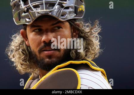 July 14 2022: San Diego catcher Jorge Alfaro (38) surveying the field  during the game with San Diego Padres and Colorado Rockies held at Coors  Field in Denver Co. David Seelig/Cal Sport