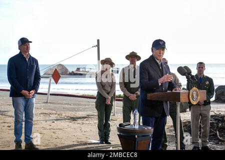 Aptos, United States Of America. 19th Jan, 2023. Aptos, United States of America. 19 January, 2023. U.S President Joe Biden, delivers remarks after touring areas damaged by freak rain storms caused by atmospheric rivers with California Gov. Gavin Newsom, left, at Seacliff State Park, January 19, 2023 in Aptos, California. Credit: Adam Schultz/White House Photo/Alamy Live News Stock Photo