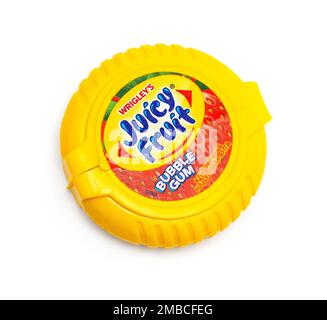 Chisinau, Moldova August 02, 2018:Wrigley's Juicy Fruit chewing gum  isolated on white background with clipping path. Juicy Fruit chewing gum are prod Stock Photo