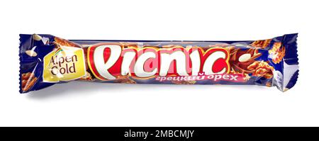 Anapa, Russia - December 16. 2022:,  Cadburys Picnic Chocolate Bar on a white  background Stock Photo