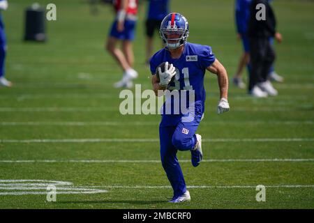 New York Giants wide receiver Alex Bachman (81) celebrates after scoring a  touchdown during an NFL preseason football game against the Cincinnati  Bengals, Sunday, Aug. 21, 2022 in East Rutherford, N.J. The