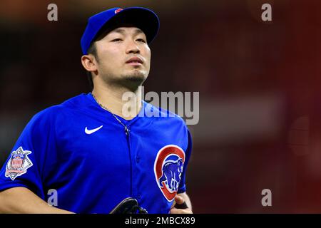 Seiya Suzuki of the Chicago Cubs walks back to the dugout after being  called out on strikes in the second inning of a baseball game against the  Milwaukee Brewers on April 30