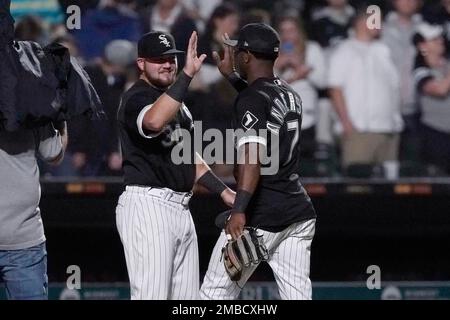 Chicago White Sox's Eloy Jimenez celebrates his two-run double during a  baseball game against the Houston Astros Monday, Aug. 15, 2022, in Chicago.  (AP Photo/Charles Rex Arbogast Stock Photo - Alamy