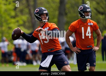 Chicago Bears quarterback Trevor Siemian (15) stands on the field during  the first half of an NFL football game against the Minnesota Vikings,  Sunday, Oct. 9, 2022, in Minneapolis. (AP Photo/Abbie Parr