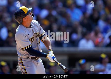 Milwaukee Brewers' Tyrone Taylor watches his three-run double off