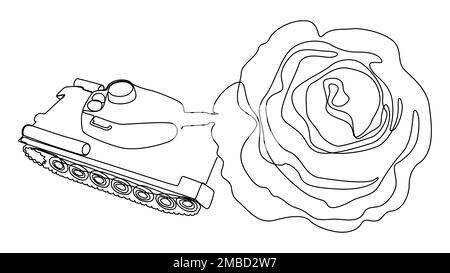 One continuous line of tank with rose on the end of the cannon. Thin Line Illustration vector concept. Contour Drawing Creative ideas. Stock Vector