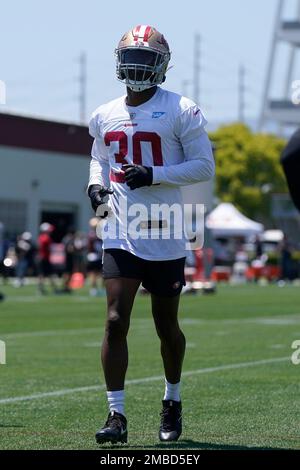 San Francisco 49ers safety George Odum celebrates after the 49ers defeated  the Los Angeles Rams 30-23 in an NFL football game Sunday, Sept. 17, 2023,  in Inglewood, Calif. (AP Photo/Ashley Landis Stock